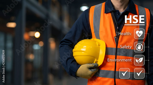 Industrial HSE officer holding yellow helmet with safety icons overlay