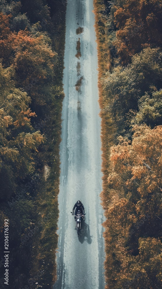 Fototapeta premium Aerial top down view of motorcycle driving in country road landscape outdoors vehicle.