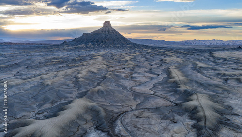 Beautiful View of Factory Butte with Badlands as Foreground, Drone photo