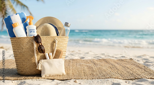 Woven beach bag with accessories on a sandy tropical beach at sunset
