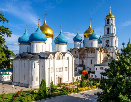Historic Russian Orthodox cathedral with golden domes in summer.