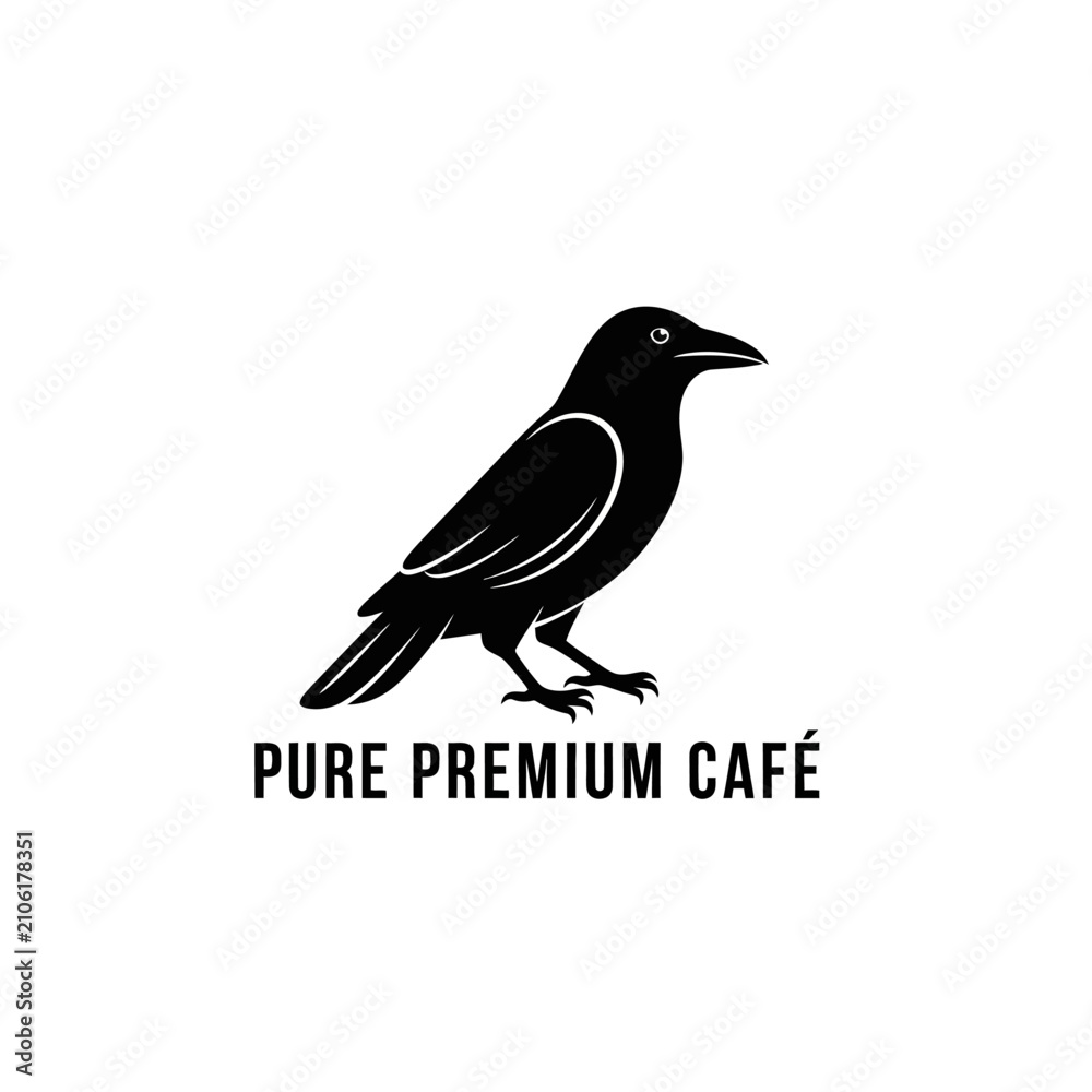 Obraz premium Black raven silhouette logo with text PURE PREMIUM CAF? on white background