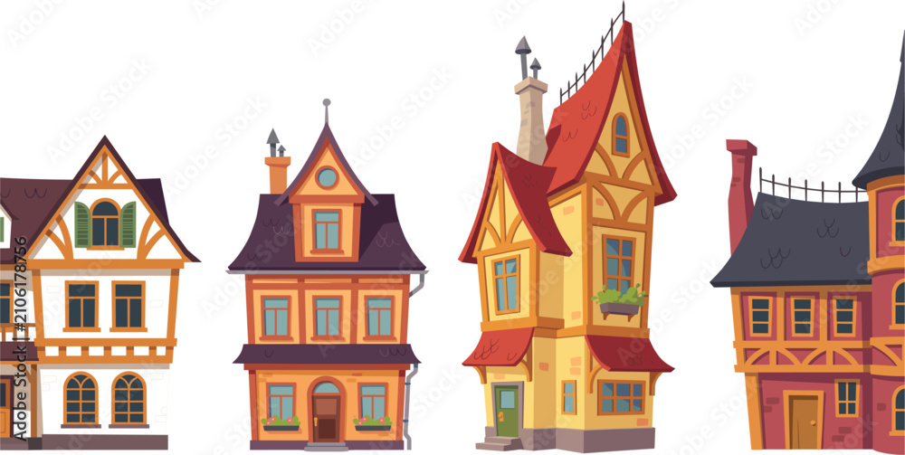 Fototapeta premium Cartoon Medieval House Collection with Fantasy Village Buildings, Timber Cottages, European Architecture, and Fairy Tale Homes for Game Assets and Storybook Designs