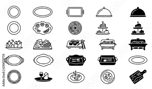 Foto Create a premium vector collection featuring **20 unique** platter icons in both black outline and solid fill styles, arranged in a clean, evenly spaced grid on a solid white background