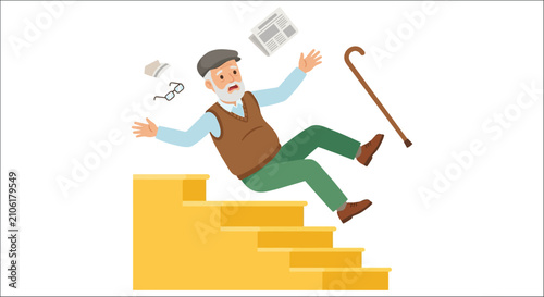 Fotografie Elderly man falling down yellow staircase vector illustration with scattered hat