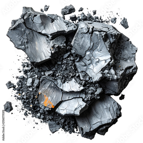 Shiny metallic ore rock fragments isolated white background