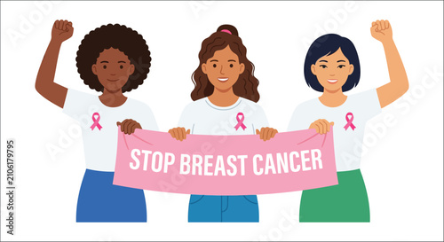 Obraz na płótnie Three women holding a banner with a breast cancer awareness message vector illus