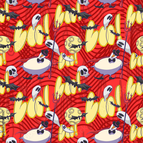 Foto bold seamless pattern features a comical white duck dressed as a classic vampire, complete with a dark cape, top hat, and elegant bow tie