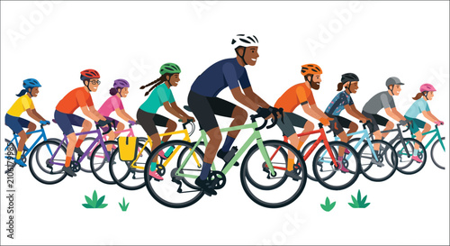 Foto Group Of Cyclists Riding Bicycles Together Colorful Vector Illustration On White