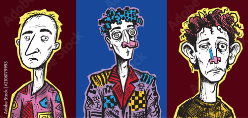 Foto A unique halftone set featuring a trio of stylized characters depicted as a play
