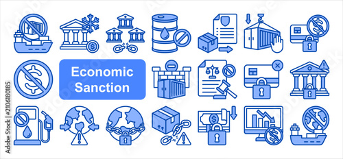 Photos Economic Sanction icon set, with Asset Freeze, Financial Block, Payment Block, Bank Restrict