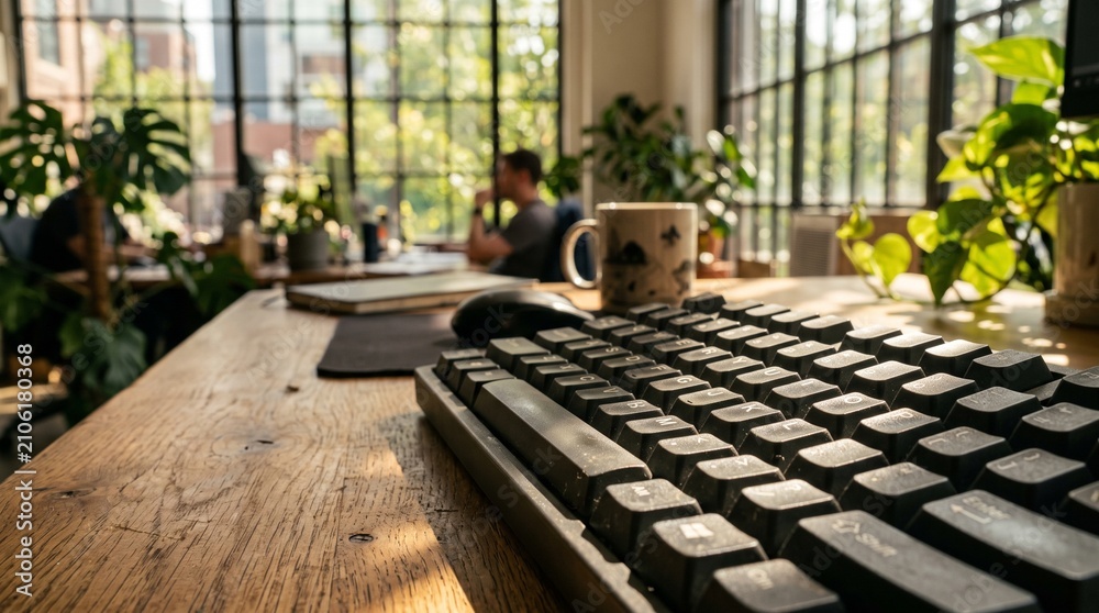 Fototapeta premium Modern Workspace with Mechanical Keyboard and Coffee Mug Near Window