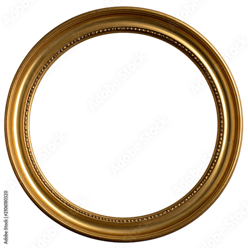 Round gold ornate circular picture frame isolated white background