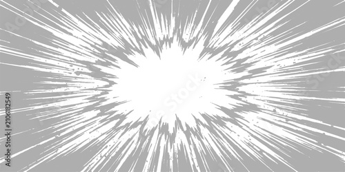 Photos Explosion Burst: A dynamic abstract graphic depicts an intense radial burst of white lines originating from a central explosion, creating a sense of energetic impact and visual dynamism