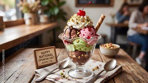 Spumoni Ice Cream Sundae Glass with Whipped Cream Pistachios and Cherry on Wooden Table
