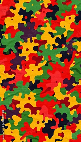 Multicolored camouflage texture with irregular shapes, blue, green