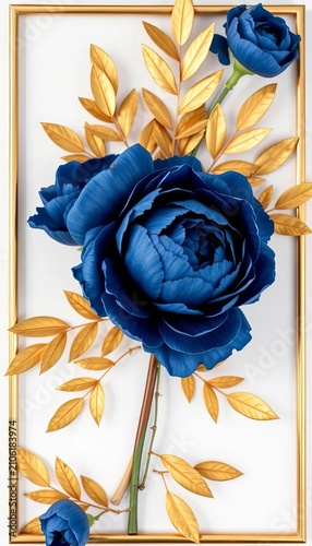 Navy blue peony rose arrangement on a white background with golden leaves and frames, flower power, vintage
