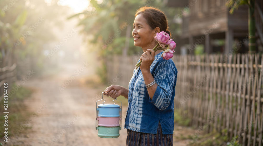Fototapeta premium Smiling senior Asian woman holding lotus flowers and food carrier on rural road in morning sunlight