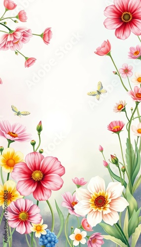 Vintage-inspired watercolor design featuring blooming flowers in a whimsical spring garden setting, tea pot, bouquet