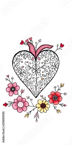 Whimsical hand-drawn heart with intricate floral patterns on a crisp white background, adornment, ornament