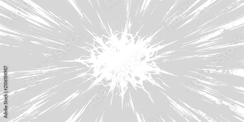 Fotografi Abstract Energy Burst: A brilliant burst of white energy emanates from a central point, creating a radial pattern of light streaks against a grey background, evoking a sense of power and dynamism
