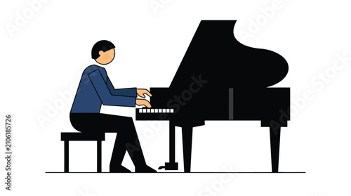 Konstfotografi Man playing black grand piano while sitting on a bench with performance art