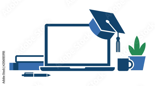 Laptop computer with graduation cap books and coffee e learning academic succe