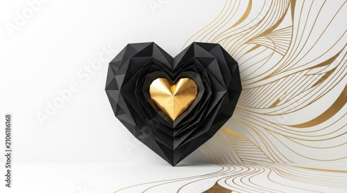 Black and gold paper heart sculpture with abstract swirl background