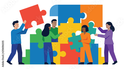 Diverse group of people assembling colorful puzzle pieces together with teamwork