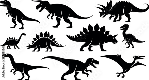 Bild auf Leinwand Set of dinosaur silhouettes including rex triceratops stegosaurus pterodactyl ve