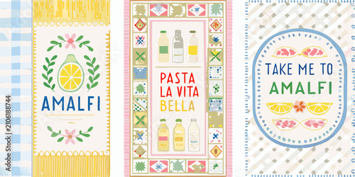 Fotografie italian themed product labels with colorful patterns and text amalfi pasta vita