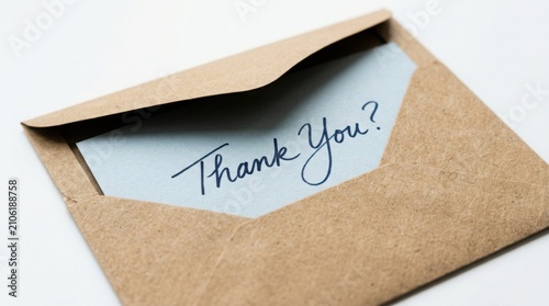 Handwritten thank you note in kraft envelope appreciation concept