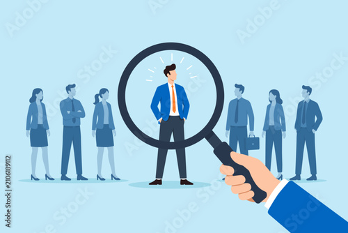 Fotografía Flat illustration standout businessman highlighted magnifying glass among profes