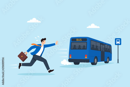 Cuadro en lienzo Flat illustration businessman running after departing bus missed opportunity bei