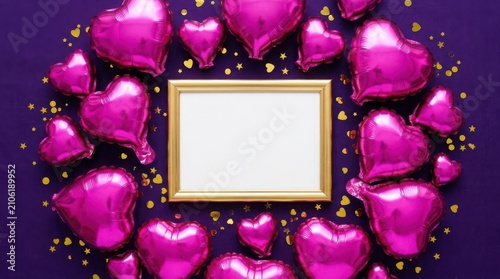 Valentine's day mockup with pink heart balloons and gold confetti