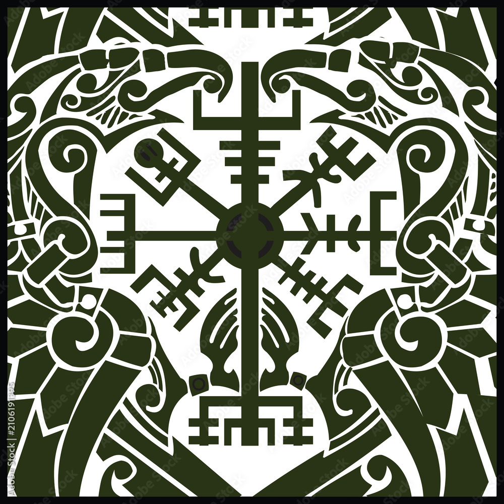 Naklejka premium Viking Vegvisir compass with ravens and Norse runes, Nordic mythology