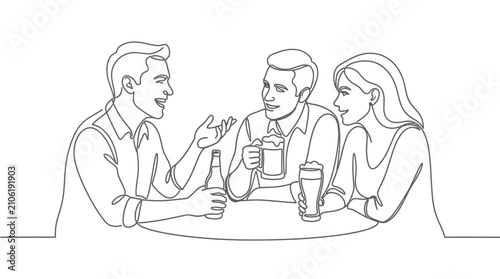 Quadro su tela Friends enjoying drinks at a table, line art illustration