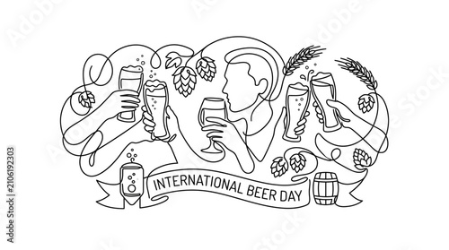 Quadro su tela International Beer Day Celebration: Cheers with Craft Beer, Hops and Barley - Li