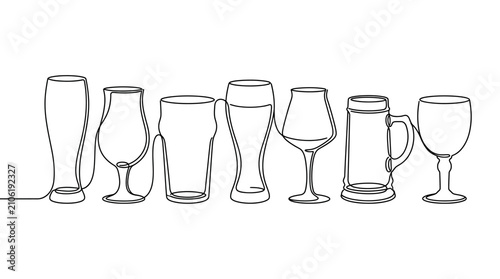 Foto Diverse Beer Glasses Collection, Minimalist Line Art Illustration