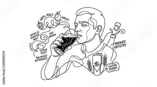 Foto Man enjoying craft beer, tasting notes, hops, malt, fruit, aromas, line art illu