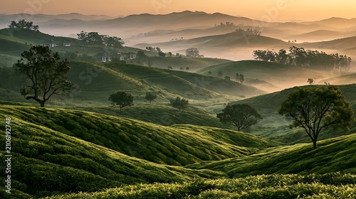 Stunning morning sunrise over the lush green tea plantations of Cameron Highlands in Malaysia.