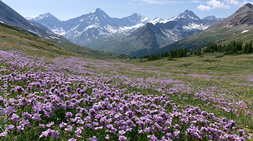 Obraz premium Alpine meadow purple wildflowers snowy peaks