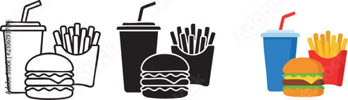 Fast Food Combo Icons In Black And Color Variations