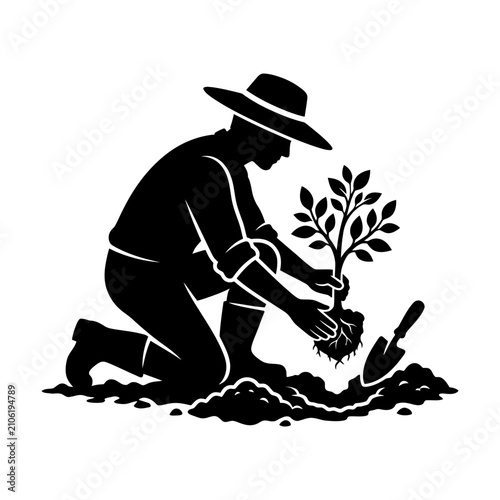 Gardener Kneeling and Planting Tree Silhouette Vector Illustration