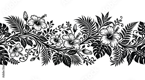 Black and white tropical floral border with hibiscus flowers