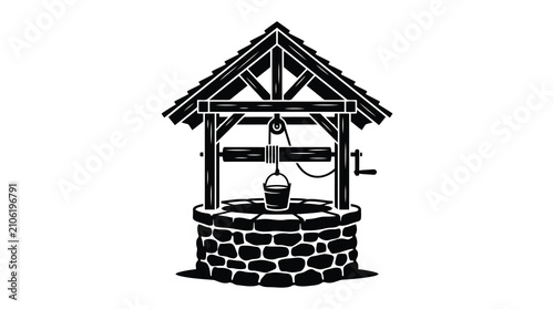 Tableau sur toile Black and white well with wooden roof