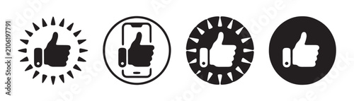 Thumb up icon set with social media like button symbols mobile phone and circular badge silhouettes.