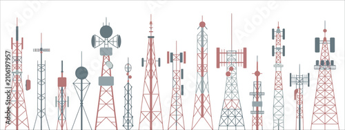 Foto Radio tower cartoon icon set with broadcast antenna communication signal vector