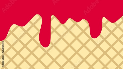 Wafer texture with creamy strawberry icing drips. Strawberry ice cream waffle texture background. Flowing sweet drips over crunchy waffle biscuit surface. Strawberry melted on a waffle background