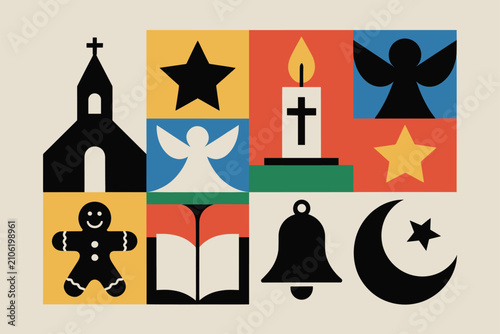 Religious Symbols and Holiday Icons Flat Vector Illustration